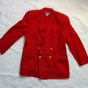 Jennifer Moore Red Linen Blazer Petite 12P Gold Button Double Breasted Jacket